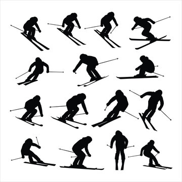 Black silhouettes of skier in various poses on white