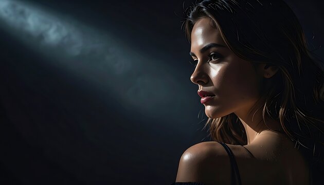 A woman's face illuminated by a beam of light in darkness