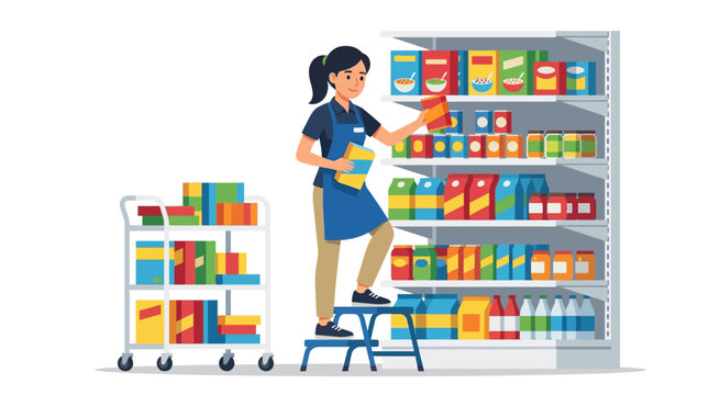 Woman restocking shelves with colorful products on a ladder next to a cart