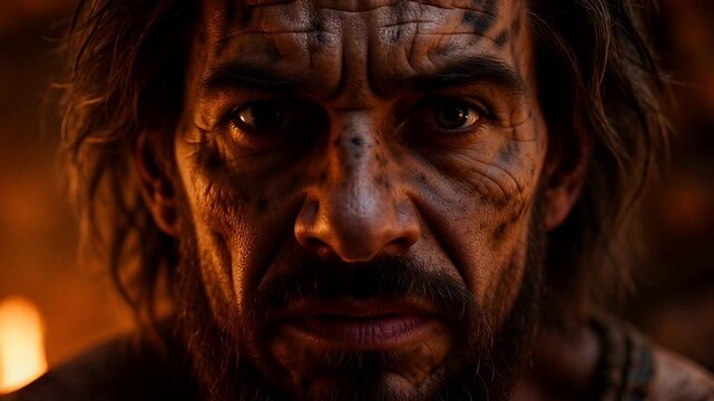 Intense Gaze of a Weathered Man with Deep Lines and Spring Flowers.