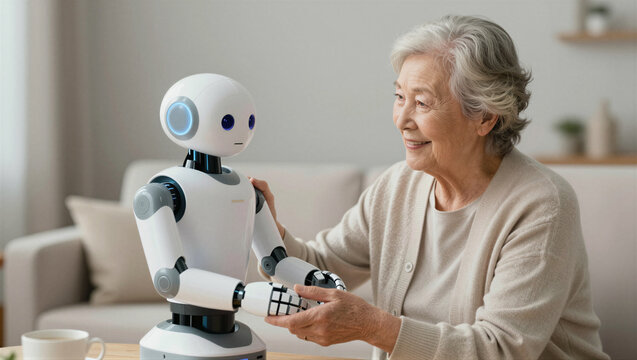 Warm sunlight bathes a cozy living room. An elderly woman smiles gently at a small robot. Her hand rests softly on the robot's arm. The robot looks back, eyes glowing with calm light
