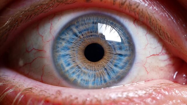 Captivating Blue Human Eye Macro View with Spring Flowers.