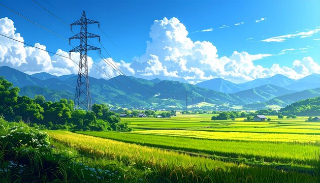 鉄塔田園風景自然背景素材