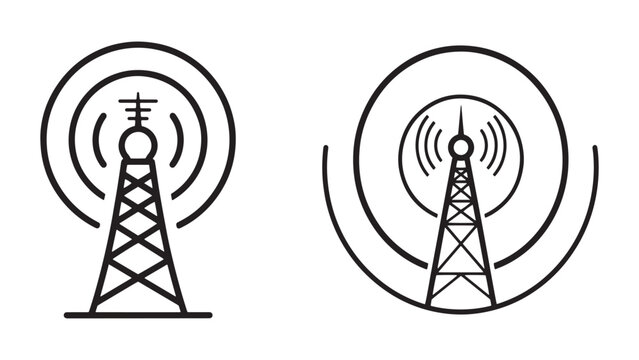 Wireless communication tower line icons illustrating radio signal transmission and broadcast antenna infrastructure