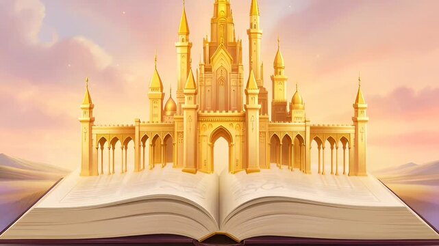Enchanted Castle Rises from Open Book Amidst Spring Flowers.