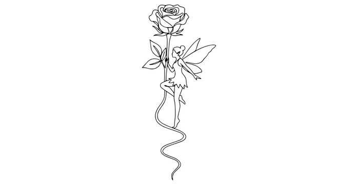 Minimalist line art drawing of a fairy dancing on a rose stem with flowing ribbon.