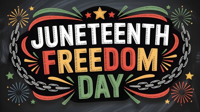 Juneteenth freedom day typography design with broken chains and fireworks on a chalkboard background celebration of emancipation, african american history, and freedom