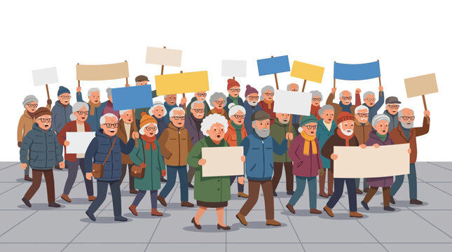 A diverse group of people protesting on a city street with signs