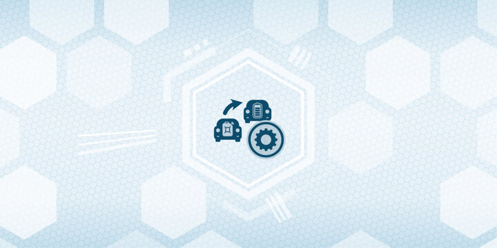 Abstract illustration representing the automotive industry transition from internal combustion engine vehicles to electric vehicles with gear and energy symbols