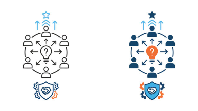 Strategic project planning icon showing creative team brainstorming around central idea bulb with handshakes and gear protection symbols in professional vector illustration for business development