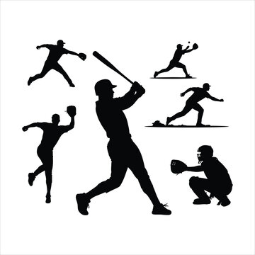Black silhouettes of baseball players in different poses