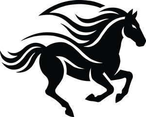 Black silhouette of a galloping horse with flowing mane and tail white running © MohammadGolap