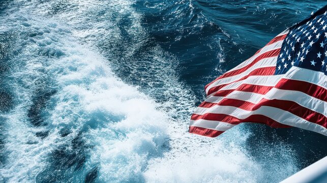 Close-up of American flag on boat stern with water splash, patriotic maritime scene