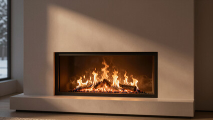 Fototapeta premium Modern fireplace glows warmly inside minimalist room. Sunlight casts soft shadows on smooth concrete walls. Fires flicker with realistic warmth and movement. Cozy ambiance invites relaxation
