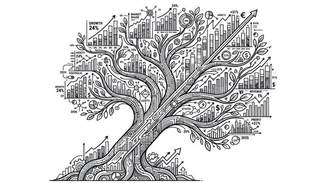 Hand drawn growth tree infographic with financial charts and market data