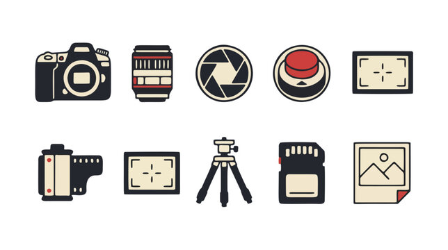 World Photography Day Camera and Studio Equipment Vector Icon Set