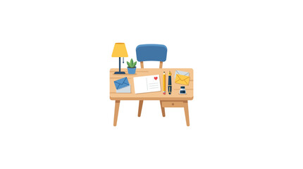 Fototapeta premium Cozy Desk Setup: Lamp, Chair, Postcard, Pens, and Potted Plant