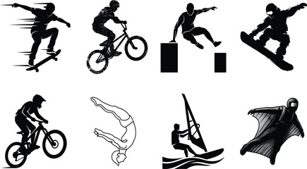 Naklejka premium Vector silhouette icon set of extreme sports athletes outdoor activities and high adrenaline action disciplines isolated on white background