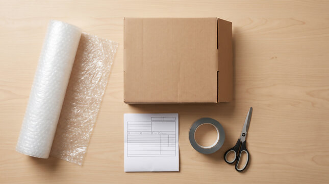 Top view flat lay of shipping and packaging materials with a cardboard box, bubble wrap, tape, scissors, and blank label on a wooden table, generative AI