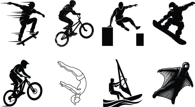 Vector silhouette icon set of extreme sports athletes outdoor activities and high adrenaline action disciplines isolated on white background