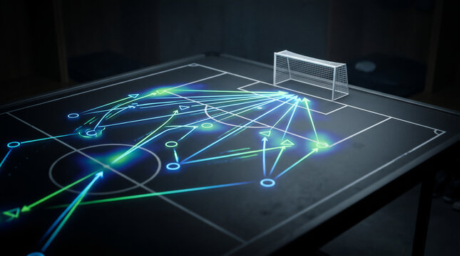 Futuristic football tactical board with glowing digital heat map, arrows, and match strategy analysis, generative AI
