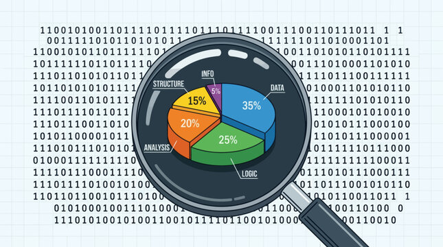 Magnifying glass analyzing digital binary code data and pie chart graphics