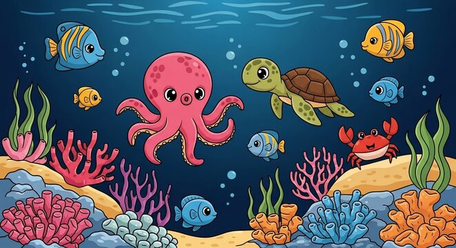 Coral Kingdom's Playdate: Octopus, Turtle, and Friends Explore the Deep