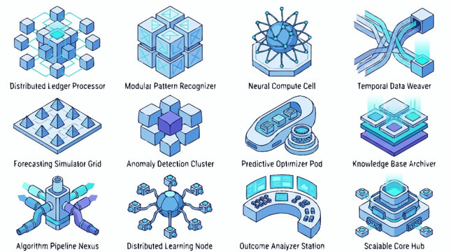 Collection of Futuristic Technology Icons Representing Advanced Data Processing and AI Concepts.