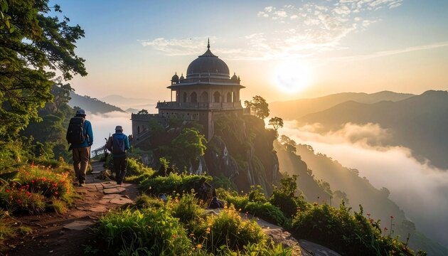 Hikers walking on mountain trail towards ancient temple at sunrise with sea of clouds