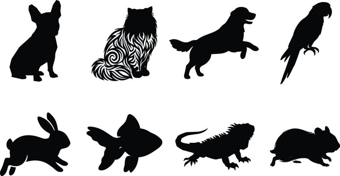 Vector silhouette icon set of various popular domestic pets including dogs cat parrot rabbit fish and lizard