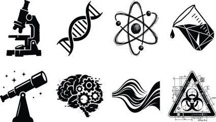 Vector silhouette icon set representing various science fields including biology chemistry physics astronomy and biotechnology laboratory research © MdSohel