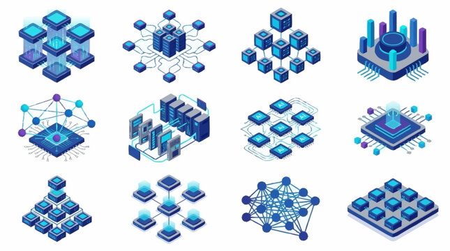 Collection of abstract isometric digital network and data processing icons.