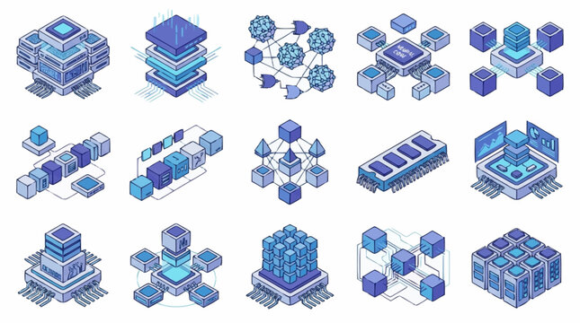 Collection of Isometric Server Racks and Network Diagrams in Blue Tones.