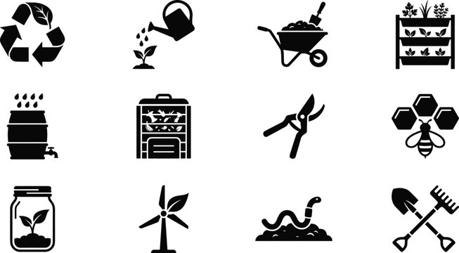 Gardening tools and urban agriculture solid black icon set vector with composting bin recycling wheelbarrow isolated on white background