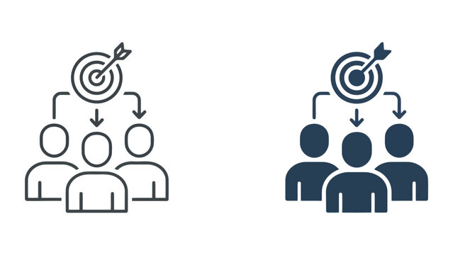 Target achievement and business goal alignment vector icons featuring team and arrow to bullseye in linear and solid styles for corporate strategy and project management success visual concepts