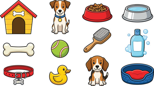 Cute puppy dog care and pet accessories colorful cartoon icon set vector with kennel food bowl collar isolated on white background