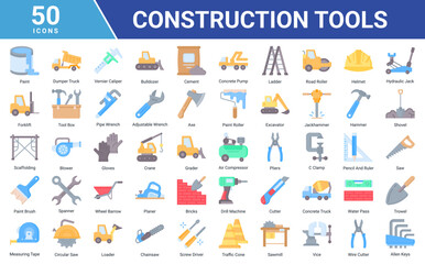 Construction Tools icon set collection featuring heavy equipment, repair tools, safety gear, woodworking and building elements for industrial, engineering and contractor projects. © Arjuna