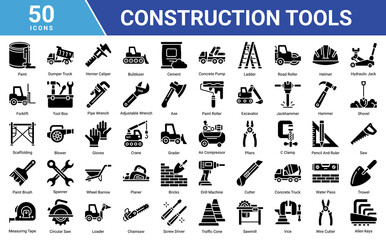 Construction Tools icon set collection featuring heavy equipment, repair tools, safety gear, woodworking and building elements for industrial, engineering and contractor projects. © Arjuna