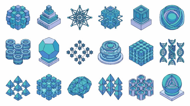 Collection of abstract geometric shapes and scientific icons in a blue isometric style.