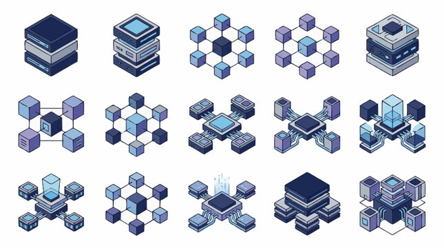 Set of isometric icons representing servers, data centers, and network connections in a digital abstract style.