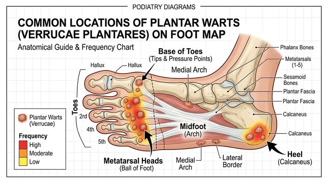 Common Locations of Plantar Warts on Foot Map.