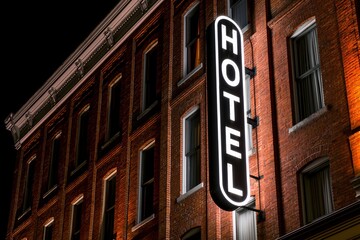 Obraz premium Glowing vertical neon hotel sign against dark brick building at night