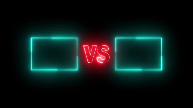 Neon versus icon animation glowing red and cyan color letter vs v and s sport game match challenge team fight competition sign symbol on black background