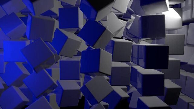 An abstract background featuring a collection of 3D cubes that continuously rotate and move dynamically in a seamless loop pattern. 