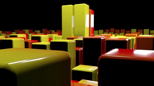 A 3D computer graphics animation featuring a stretch of blocks and cubes with glossy surfaces that dynamically move up and down. 