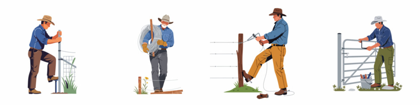Illustrations of ranch workers installing fence posts, carrying wire, tensioning fences, and fixing gates on a white background.