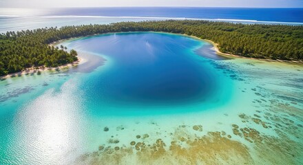 Obraz premium Aerial view of a serene tropical lagoon with vibrant turquoise waters surrounded by lush green forests and coral reefs under a bright sunny sky