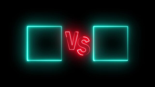 Neon versus icon animation glowing red and cyan color letter vs v and s sport game match challenge team fight competition sign symbol on black background