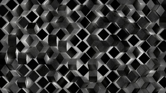 A 3D black cube arrangement with a fine grain texture (noise grain). The wavy monochrome cinematic lighting effect creates the illusion of dynamic, modern, and futuristic mechanical movement.