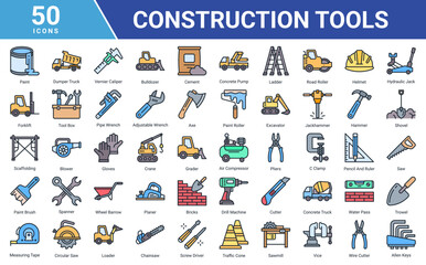 Construction Tools icon set collection featuring heavy equipment, repair tools, safety gear, woodworking and building elements for industrial, engineering and contractor projects. © Arjuna